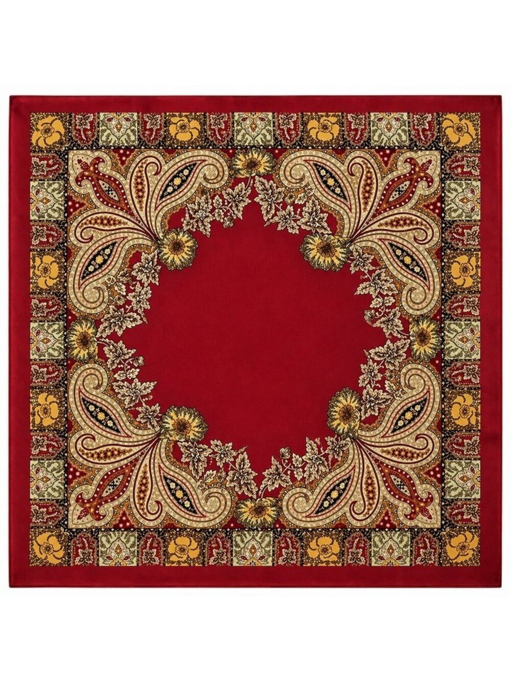 Luxury Paisley Floral Satin Scarf for Women – 35” Square Burgundy Red Gold Sage